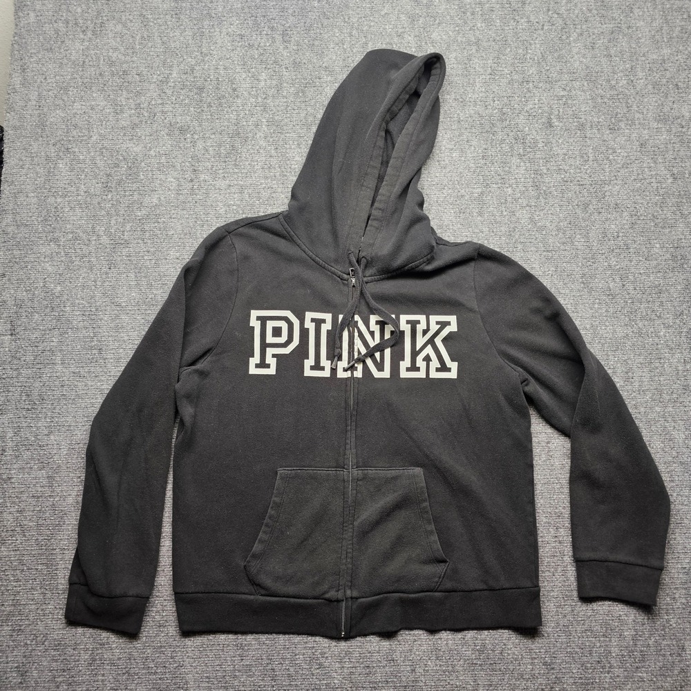 PINK Victoria's Secret Black Full Zip Logo Hoodie XL Cotton Blend Fleece